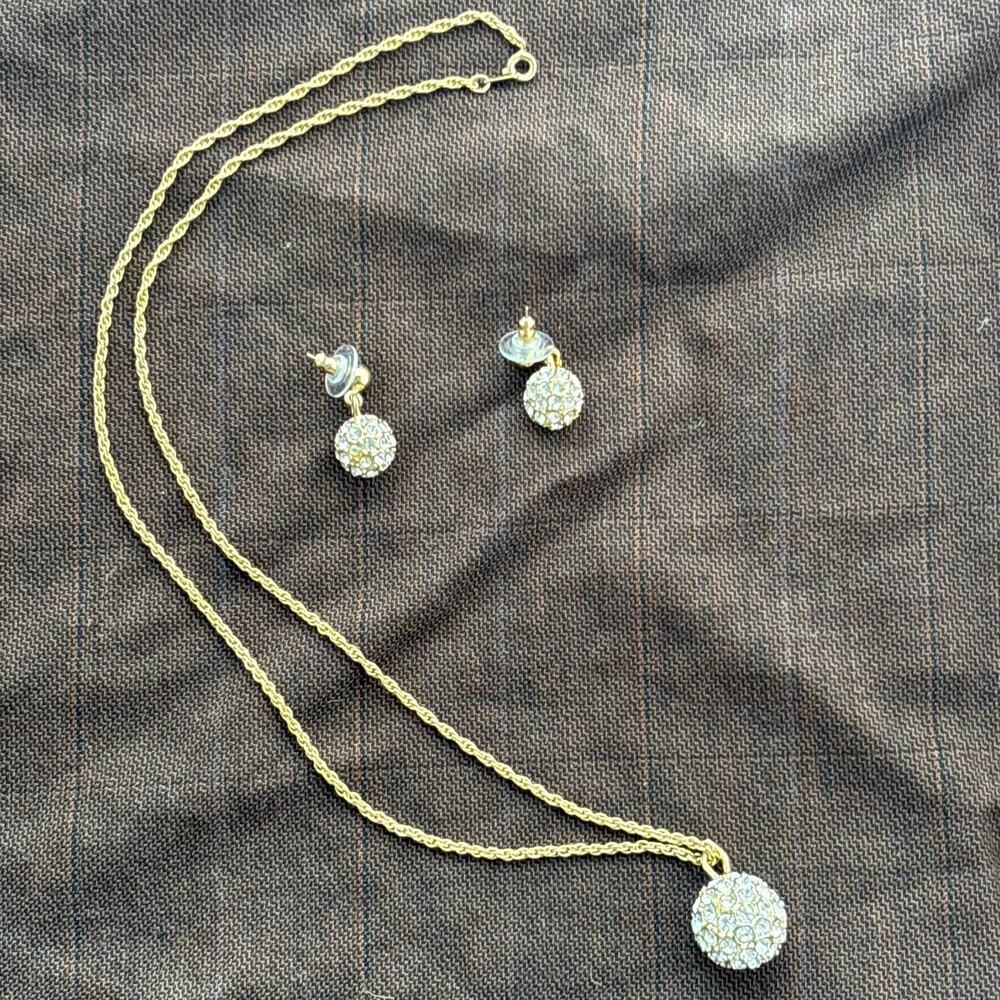 Technibond 925 Gold Bonded Sterling Silver CZ Ball Pendant Necklace Earrings Set